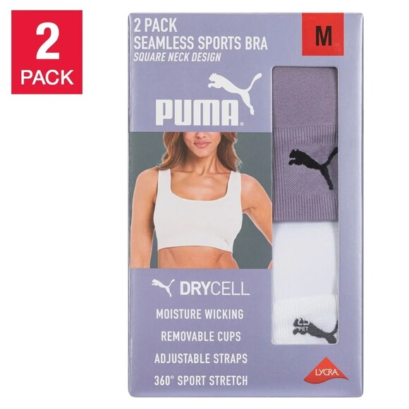 Puma M 2-Pack Square Neck Seamless Sports Bra Purple White - Picture 3 of 5